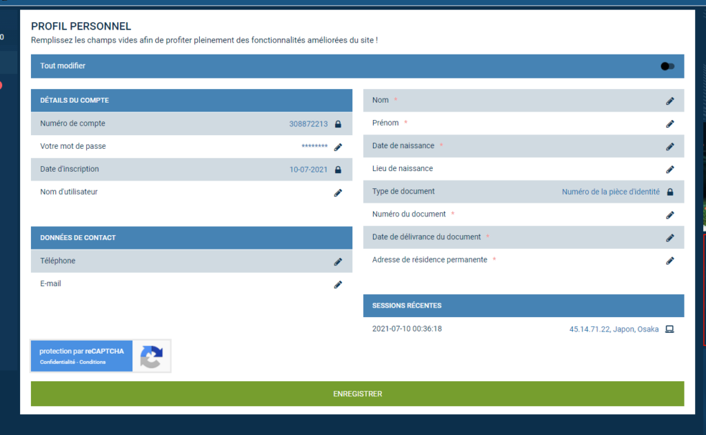 Modification du profil perso - 1XBET