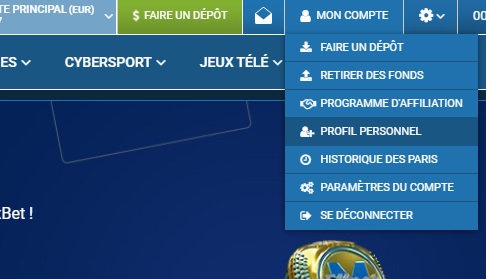 Accès au profil perso 1XBET