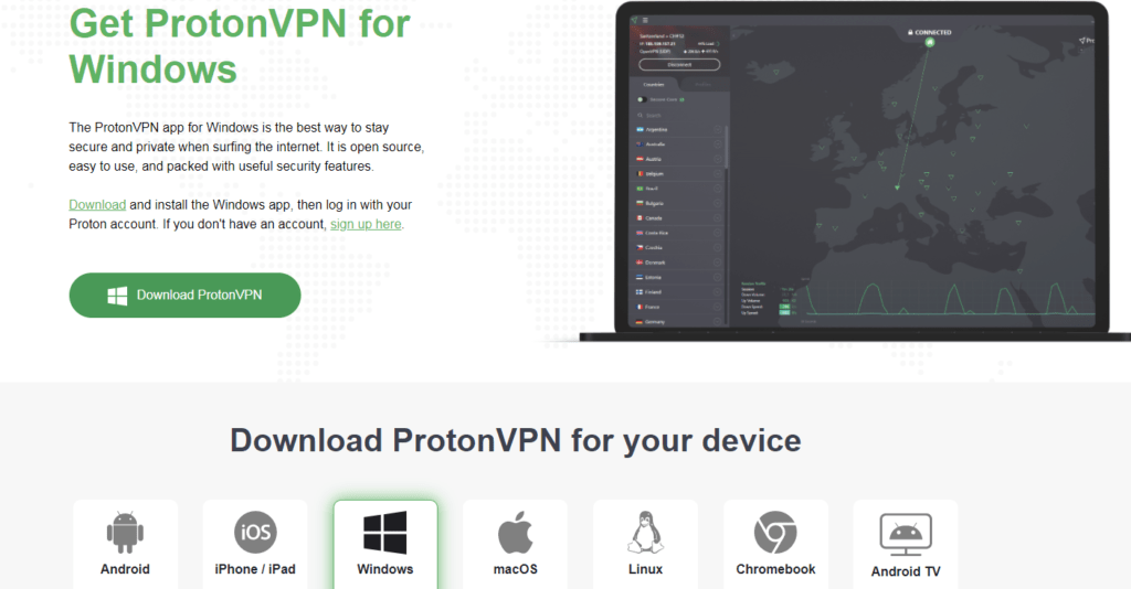 Page de téléchargement Proton VPN