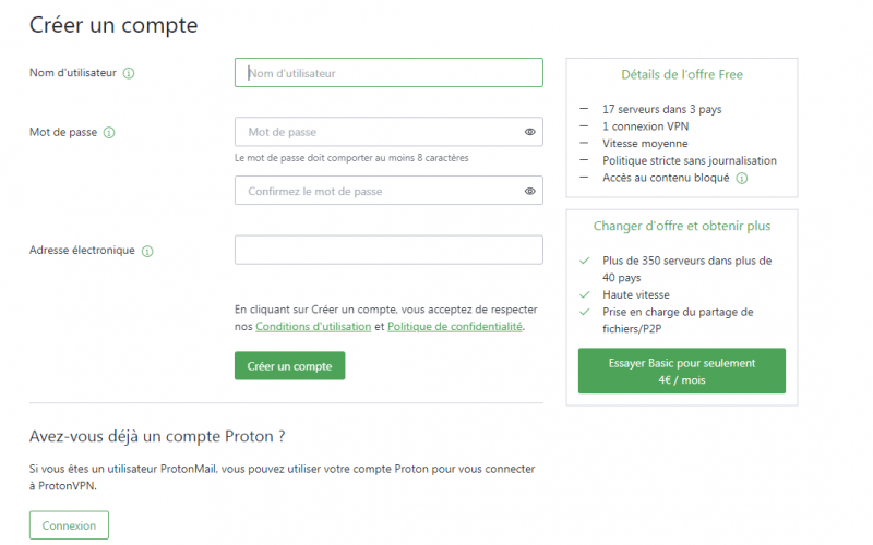 Création compte Proton VPN