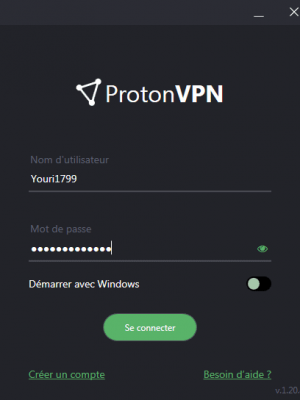 Ecran connexion Proton VPN